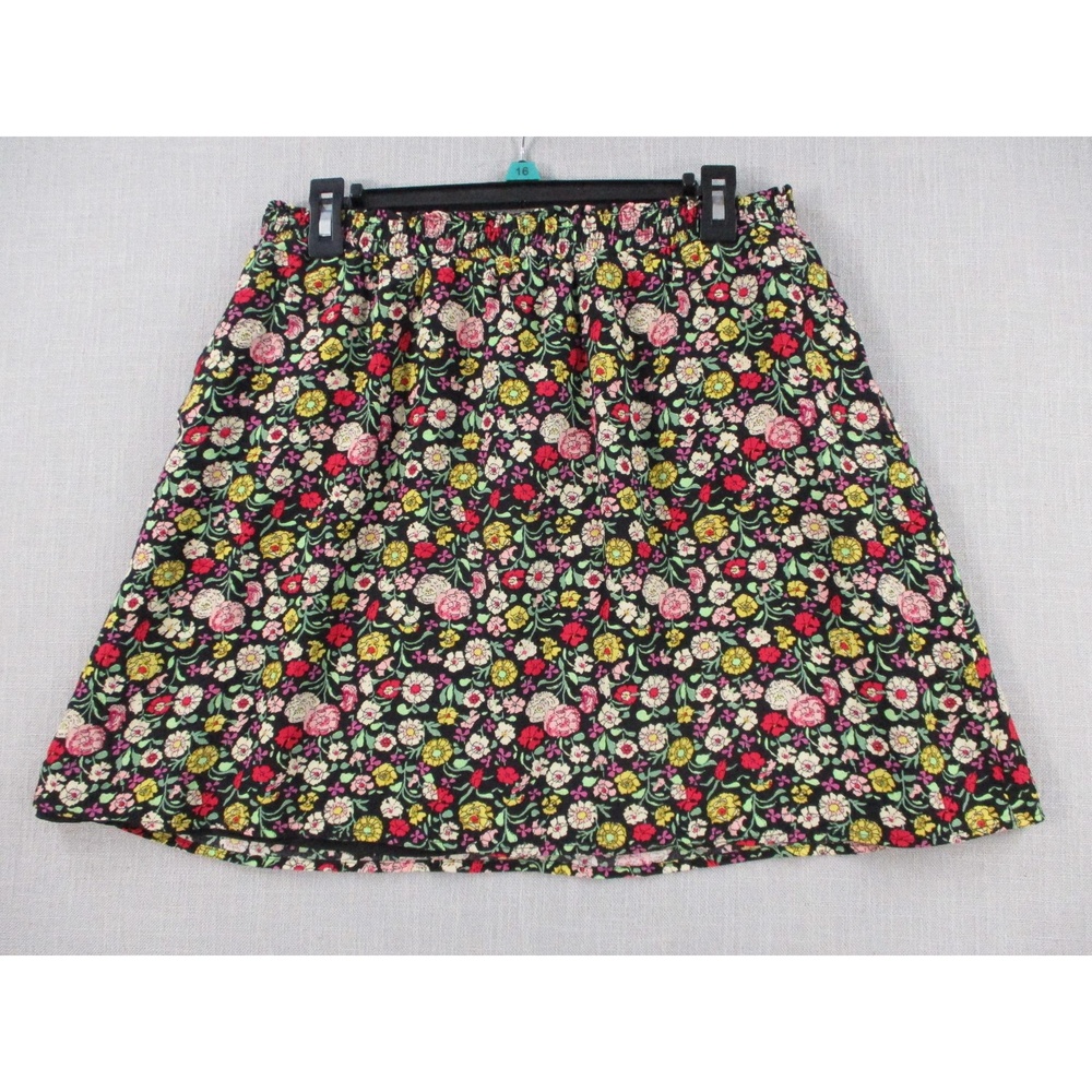 LOFT Black Multi-Color Floral Print Gathered A-Line Skirt W/Pockets Size M